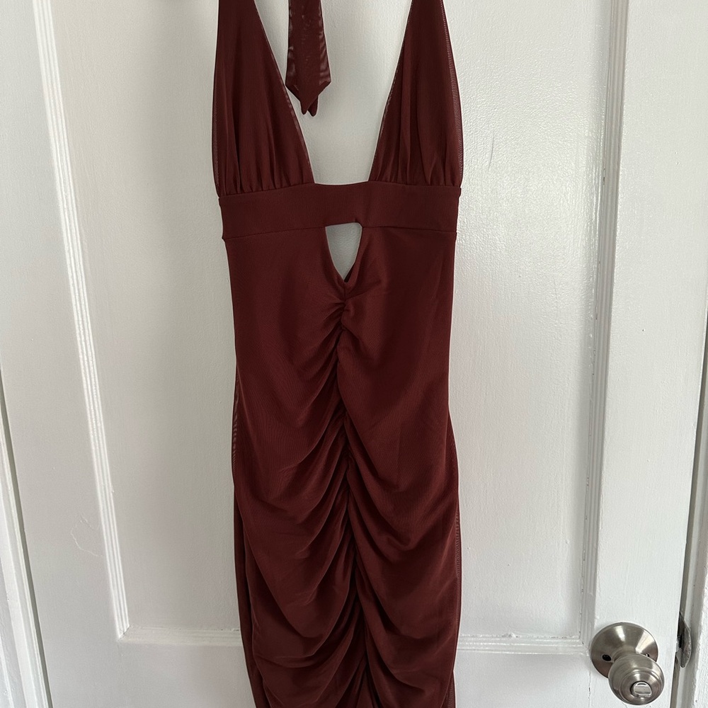 Oh Polly Brown Ruched Halter Bodycon Dress